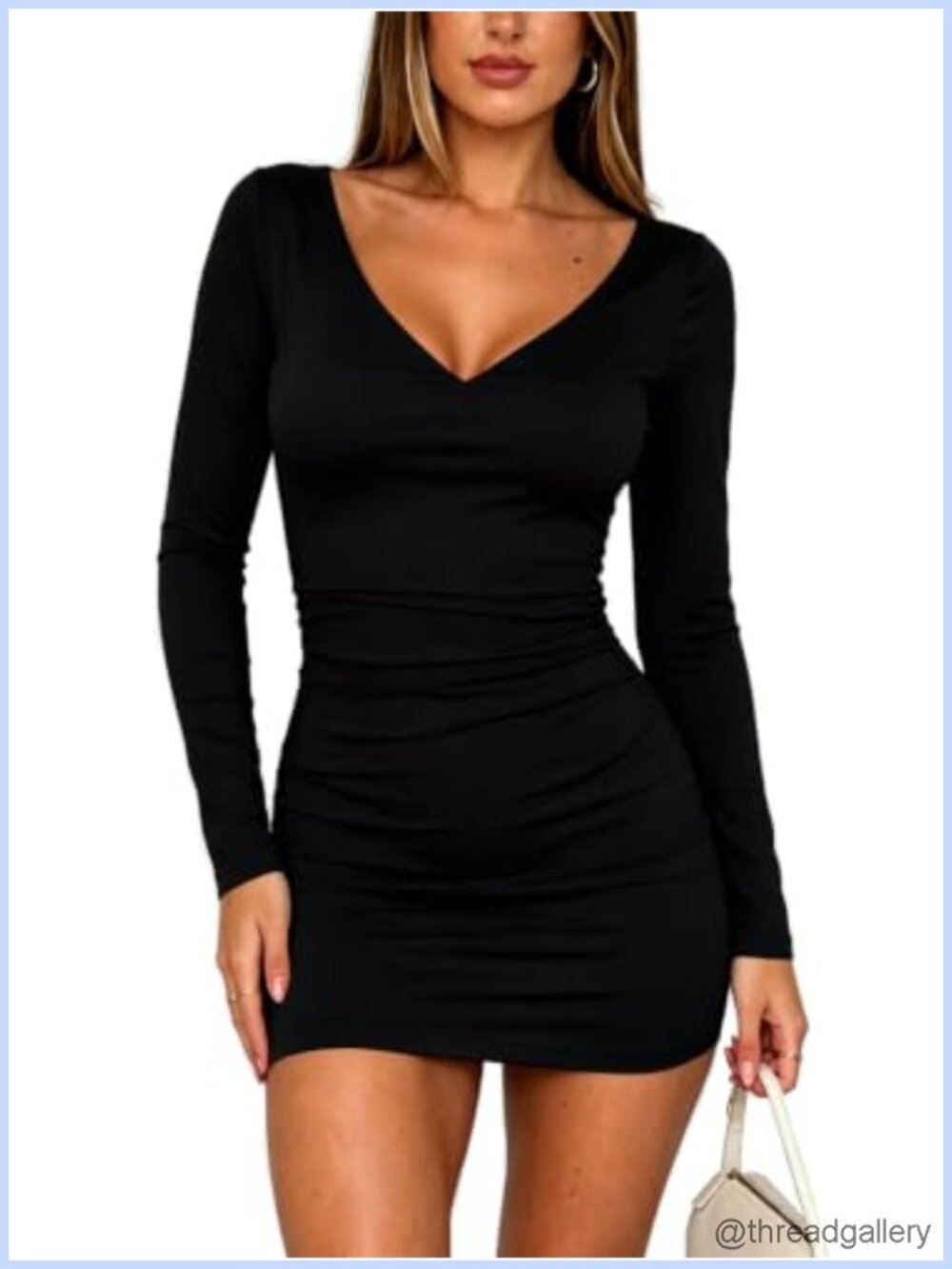 Women's Long Sleeve V Neck Bodycon Mini Dress Ruched Party Club